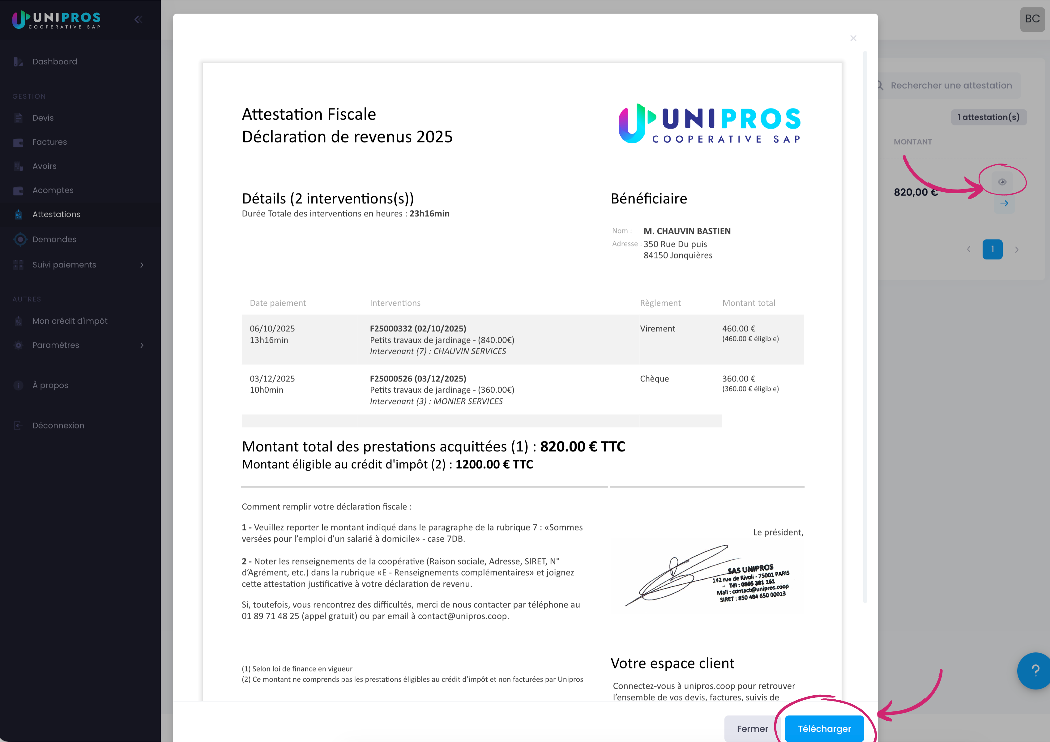 Attestation Fiscale Unipros