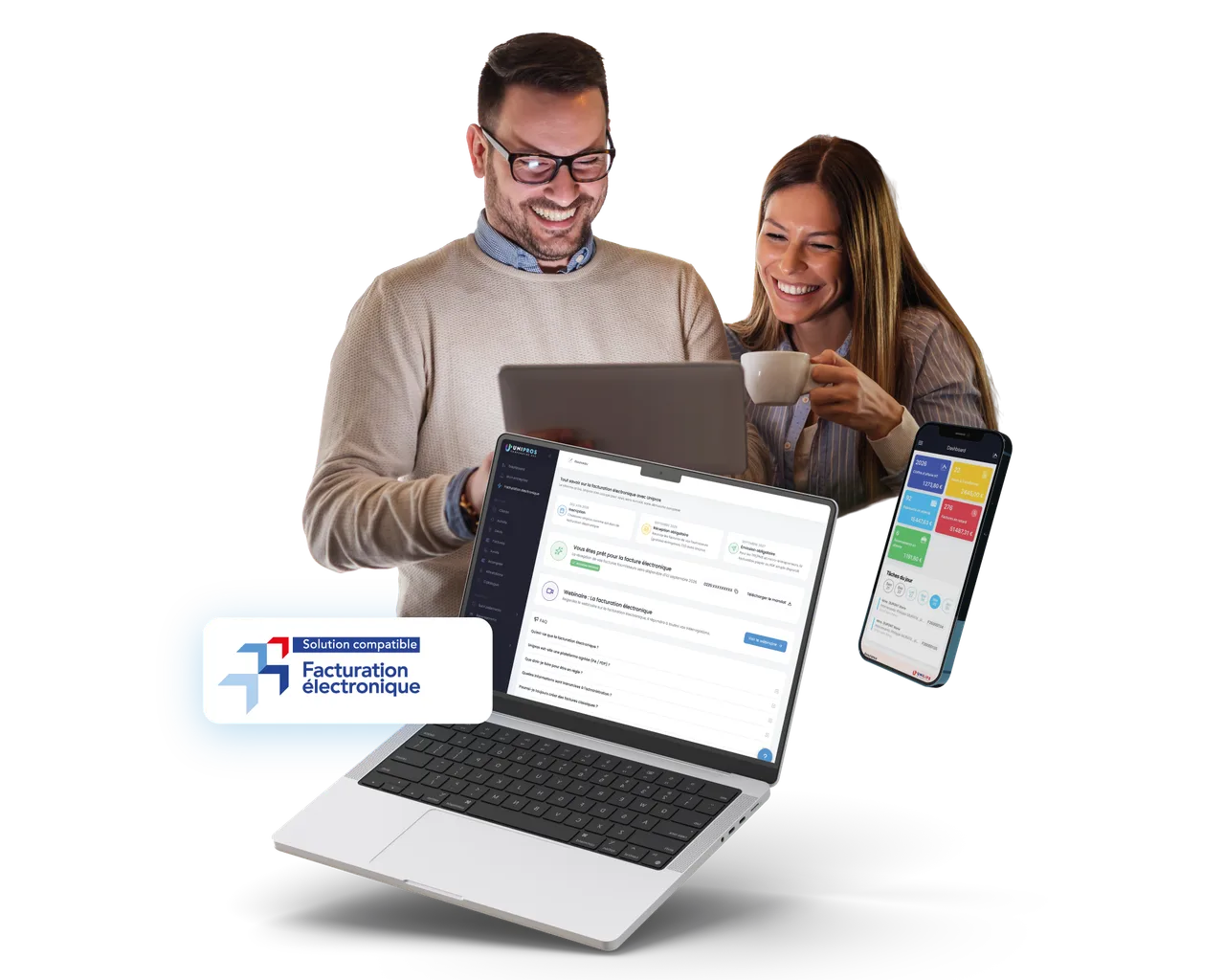 Deux entrepreneurs souriants consultent le logiciel de facturation Unipros, solution compatible facturation électronique, sur ordinateur et mobile